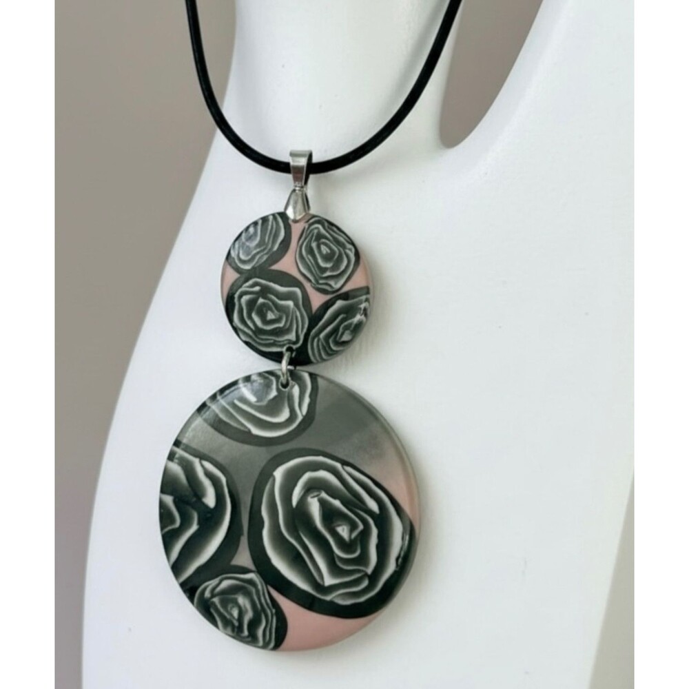 Handmade Black Rose Pink Floral Polymer Clay Statement Pendant Necklace